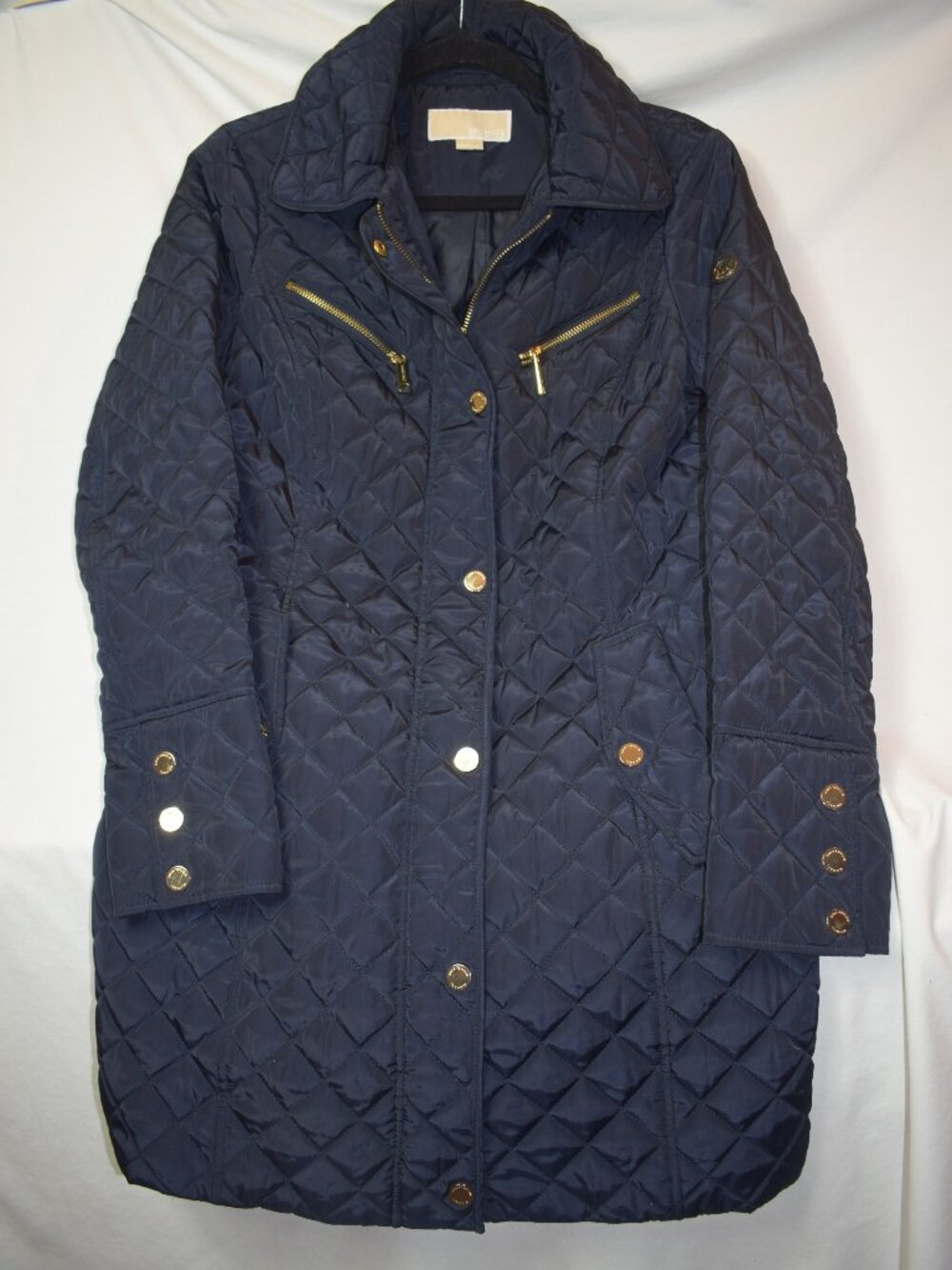 Michael Kors Black Diamond Quilted  Puffer Mid-Length Jacket Gold Tone Hardware